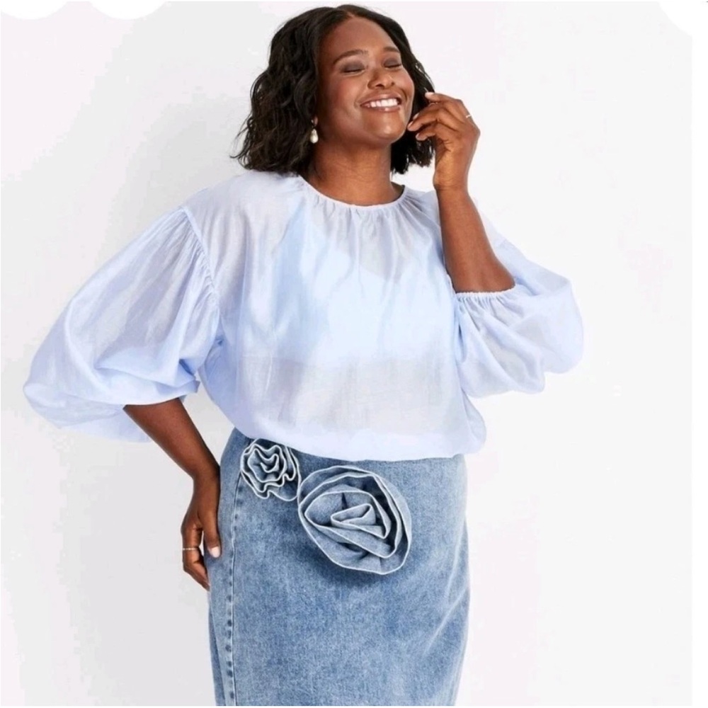 Future Collective Bohemian Sheer Balloon Blue Puff Sleeve Blouse | NWT - Picture 4 of 14